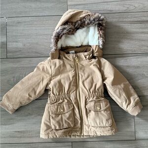 Girls puffer jacket Tan Hooded Jacket with Faux Fur Trim